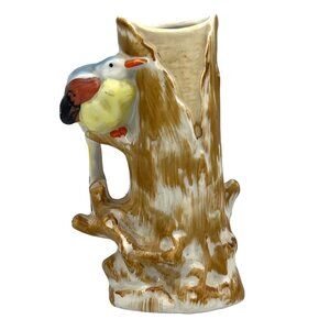 Vintage Ceramic Tree Trunk Vase With Colorful Bird Figurine